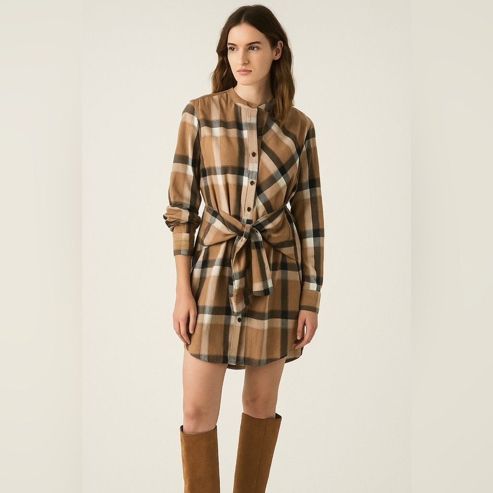 Derek Lam 10 Crosby | Collarless Plaid Tie Front Shirtdress Fall Flannel Luxury